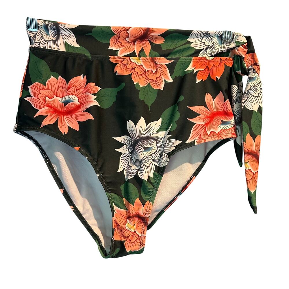 Dokotoo Size Large Bikini Bottoms Floral Green Peach High Waist Swim Beach
